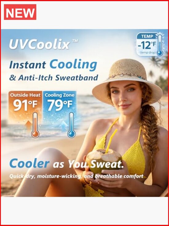 UPF 80+ Cooling Straw Sun Hat with Ponytail Opening & Chin Strap